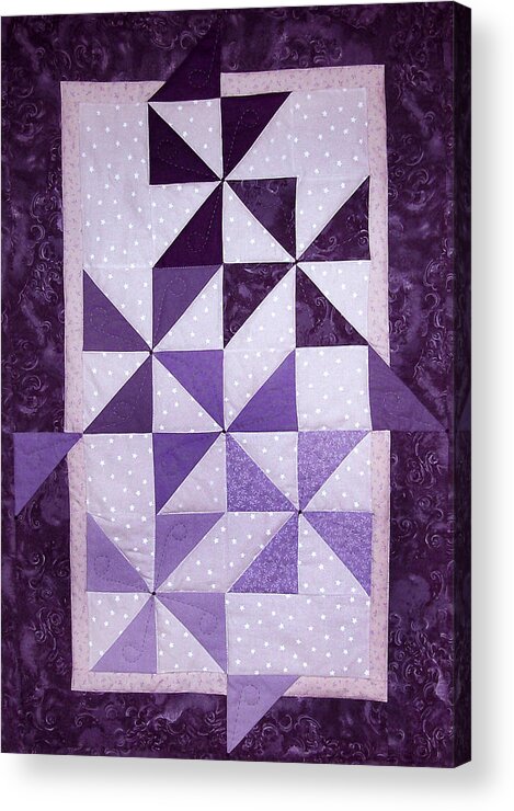 Art Quilt Acrylic Print featuring the tapestry - textile Purple Pinwheels Pirouetting by Pam Geisel