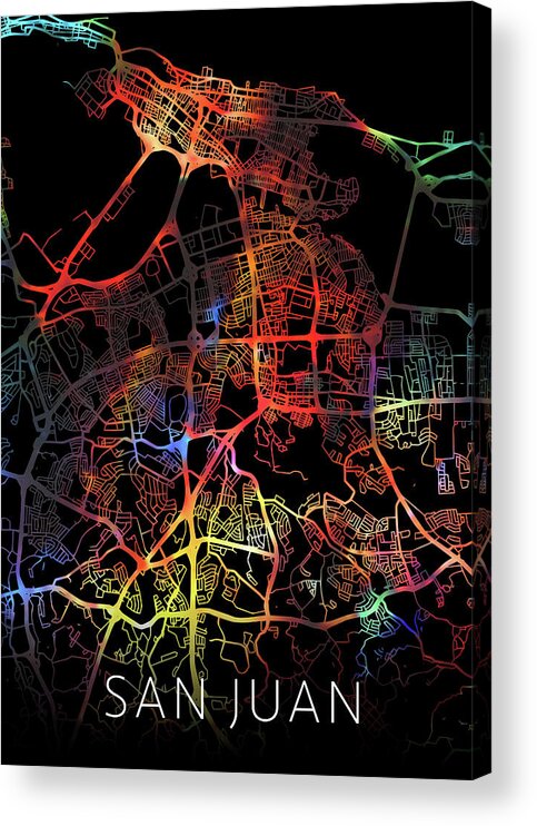 San Juan Acrylic Print featuring the mixed media San Juan Puerto Rico Watercolor City Street Map Dark Mode by Design Turnpike