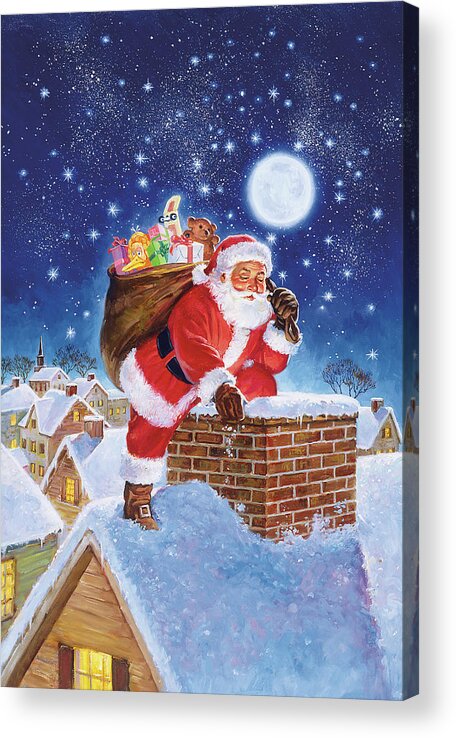 Santa On Rooftop Acrylic Print featuring the painting Santa On Rooftop by Hal Frenck