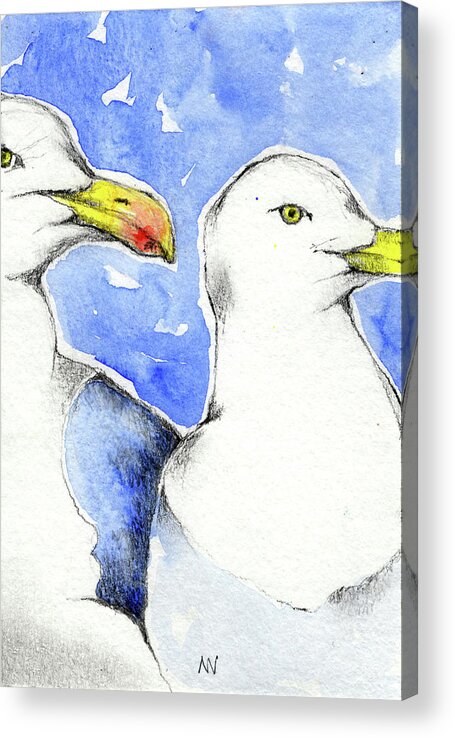 Seagull Acrylic Print featuring the painting Seagull Friends by AnneMarie Welsh