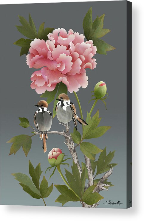Sparrows Acrylic Print featuring the digital art Sparrows and Peony by M Spadecaller