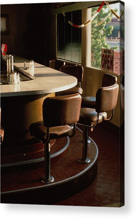 Shadow Acrylic Print featuring the photograph Stools Along Bar Of Diner by David Zaitz
