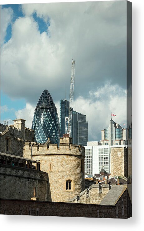 Construction Crane Acrylic Print featuring the digital art The Tower Of London, London, England, Uk by Mischa Keijser