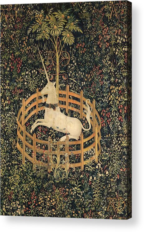 The Unicorn In Captivity Acrylic Print featuring the painting The Unicorn In Captivity by Vintage Art