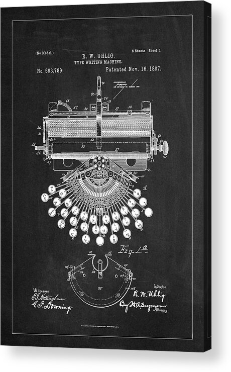 Type Writing Machine Patent Drawing Acrylic Print featuring the digital art Type Writing Machine Patent Drawing From 1897 - Charcoal by Carlos Diaz