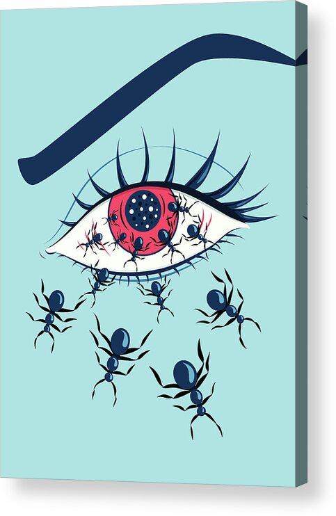 Horror Acrylic Print featuring the digital art Weird Creepy Red Eye With Crawling Ants by Boriana Giormova
