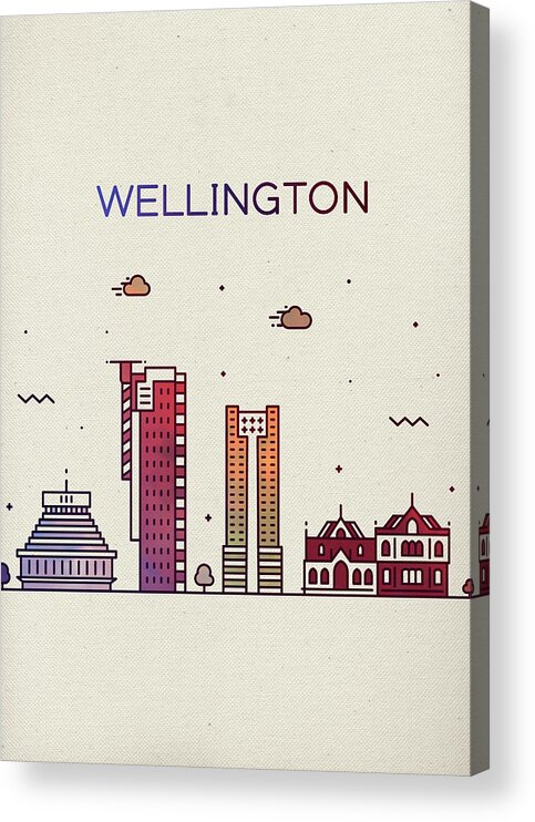 Wellington Acrylic Print featuring the mixed media Wellington New Zealand Whimsical City Skyline Fun Bright Tall Series by Design Turnpike