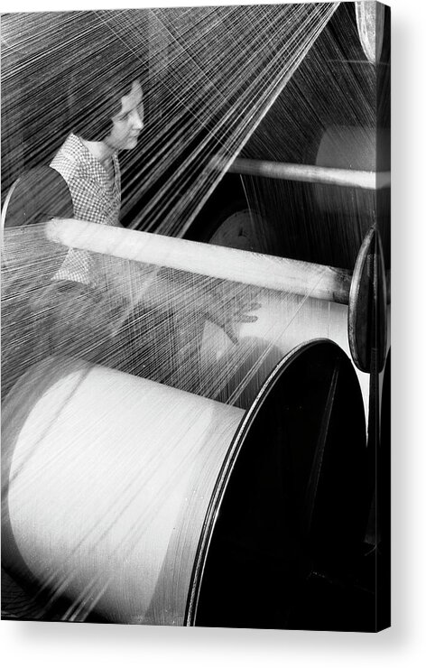 Business Finance And Industry Acrylic Print featuring the photograph Woman at loom at American Woollen Mills. by Margaret Bourke-white