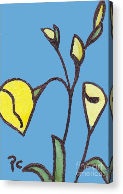 Blue Acrylic Print featuring the painting Yellow Buds On Blue by Patricia Cleasby