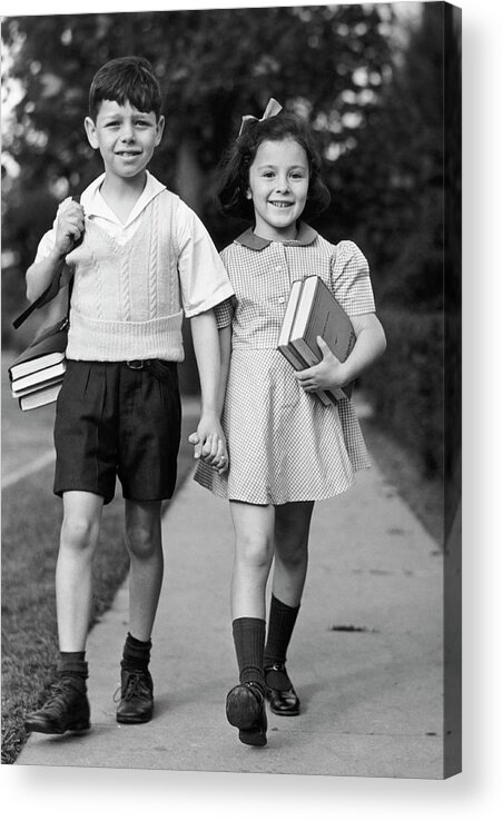 Sibling Acrylic Print featuring the photograph Young Girl & Boy Walking To School W by George Marks