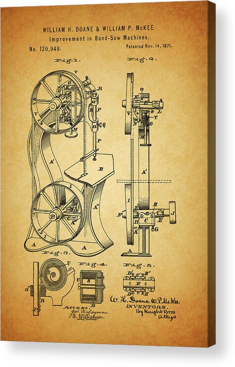 1871 Band Saw Machine Patent Acrylic Print featuring the drawing 1871 Band Saw Machine Patent by Dan Sproul