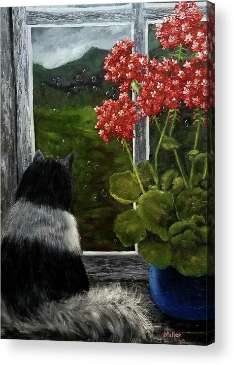 Cat Acrylic Print featuring the painting A Rainy Day Refuge by Peggy Miller