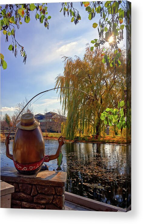 Epic Systems Acrylic Print featuring the photograph An Epic Fishing Hole - Humpty Dumpty catches a fish at the Voyager Hall pond on Epic Systems campus by Peter Herman