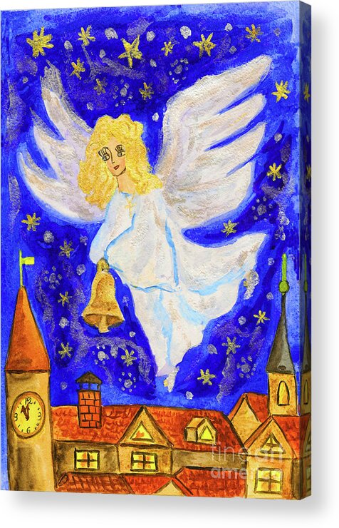 Visual Acrylic Print featuring the painting Angel with Christmas bell by Irina Afonskaya