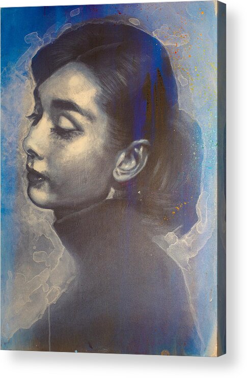 Blue Acrylic Print featuring the painting Audrey Hepburn at Vogue in Blue by Michael Andrew Law Cheuk Yui
