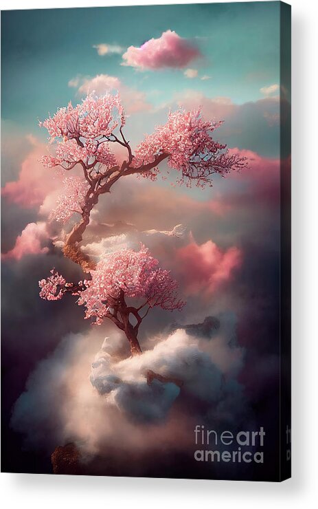 Cherry Acrylic Print featuring the digital art Beautiful dreamy cherry blossom tree from heavenly clouds. Abstr by Jelena Jovanovic