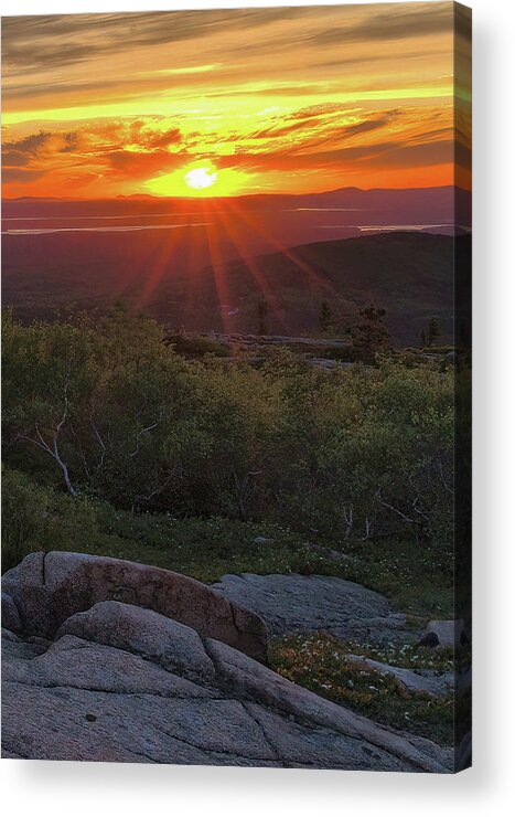 Sunset - Cadillac Mountain Acrylic Print featuring the photograph Blazing Sunset by Stephen Vecchiotti