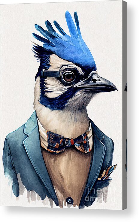 Blue_jay Acrylic Print featuring the painting blue_Jay in Suit Watercolor Hipster Animal Retro Costume by Jeff Creation