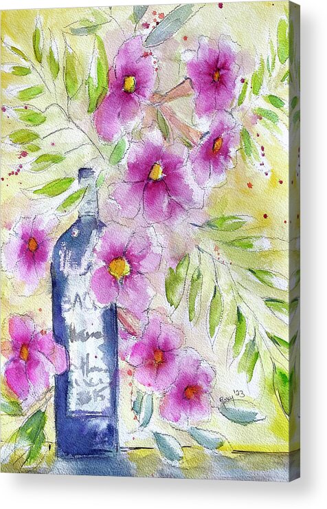 Wine Bottle Acrylic Print featuring the painting Bottle and Blooms by Roxy Rich