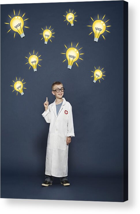 Expertise Acrylic Print featuring the photograph Boy in lab coat with cartoon lightbulbs by Flashpop