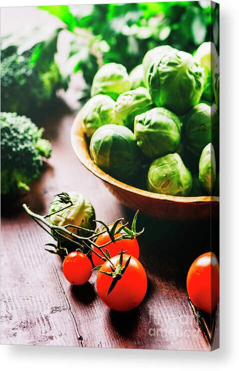 Food Acrylic Print featuring the photograph Brussel sprout, cherry tomato, broccoli, parsley and greens by Jelena Jovanovic