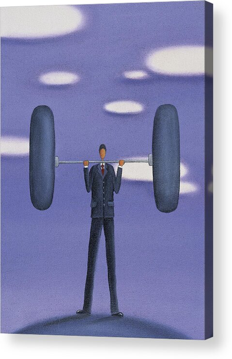 Working Acrylic Print featuring the drawing Businessman Lifting a Dumbbell by Mandy Pritty
