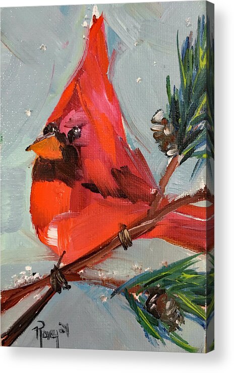 Cardinal Acrylic Print featuring the painting Cardinal in a Fir Tree by Roxy Rich
