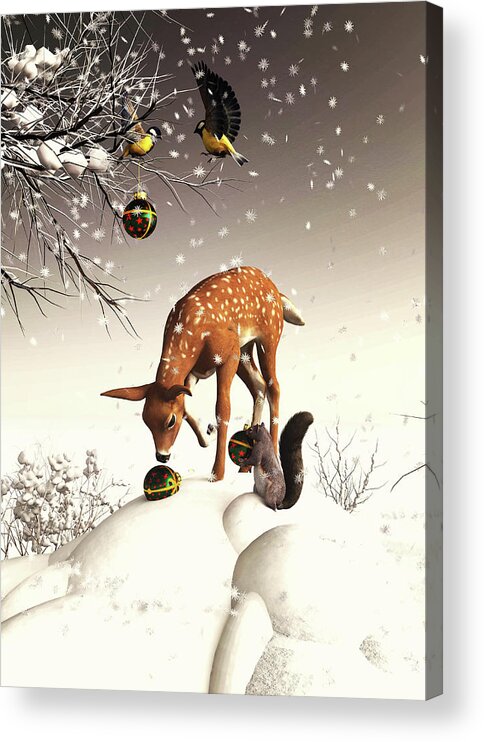 Christmas Acrylic Print featuring the digital art Christmas scene with a deer and squirrels by Jan Keteleer