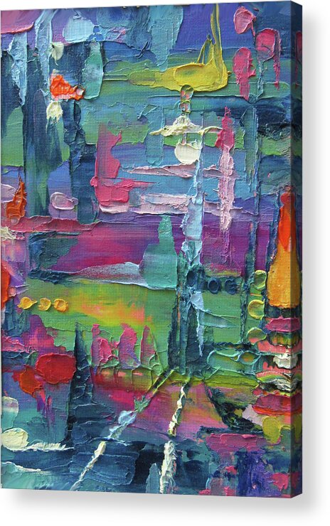 Bright Colors Acrylic Print featuring the painting City Tracks by Jean Batzell Fitzgerald