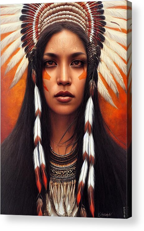 Beautiful Acrylic Print featuring the painting Closeup Portrait Of Beautiful Native American Wom 44777eb4 86ef 451e 8412 15e4cf2e6574 by MotionAge Designs