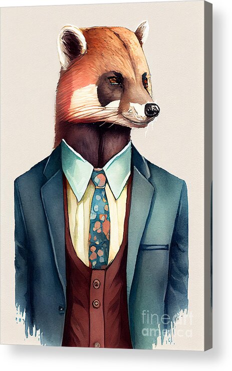 Coati Acrylic Print featuring the painting Coati in Suit Watercolor Hipster Animal Retro Costume by Jeff Creation