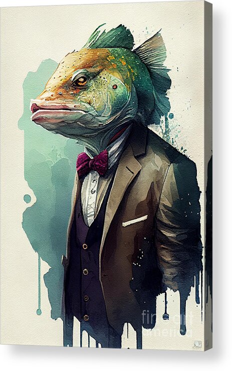 Cod Acrylic Print featuring the painting Cod in Suit Watercolor Hipster Animal Retro Costume by Jeff Creation