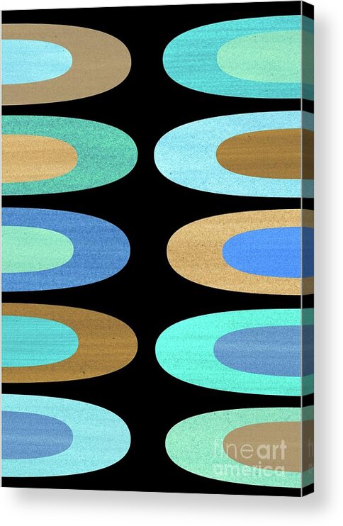  Light Blue Acrylic Print featuring the mixed media Concentric Oblongs in Cool Colors on Black by Donna Mibus