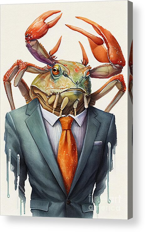 Crab Acrylic Print featuring the painting Crab in Suit Watercolor Hipster Animal Retro Costume by Jeff Creation