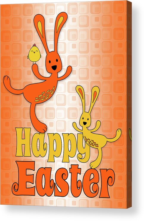 Easter Acrylic Print featuring the digital art Easter Bunnies with Chick in Orange and Yellow by Doreen Erhardt
