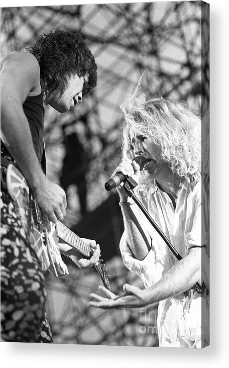 Musicians Eddie Van Halen And Sammy Hagar Are Shown Performing On Stage During A Live Concert Appearance With Van Halen Acrylic Print featuring the photograph Eddie Van Halen and Sammy Hagar by Concert Photos