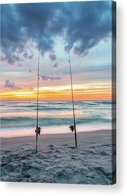 Venice Fishing Pier Acrylic Print featuring the photograph Fishing rods at Sunset by Rudy Wilms
