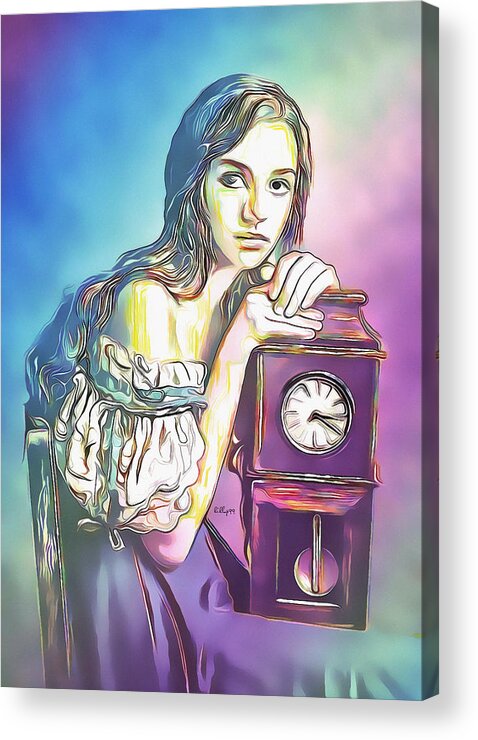 Watercolor Acrylic Print featuring the painting Girl with old clock by Nenad Vasic