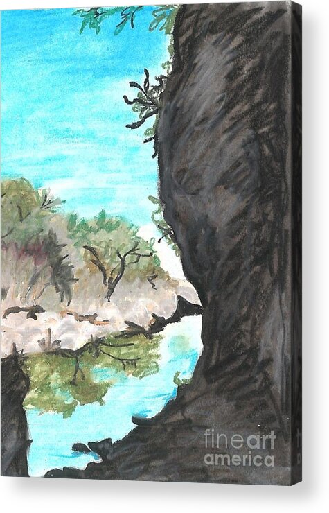 Blue And Black River Acrylic Print featuring the drawing Government Canyon Oil Pastel by Expressions By Stephanie