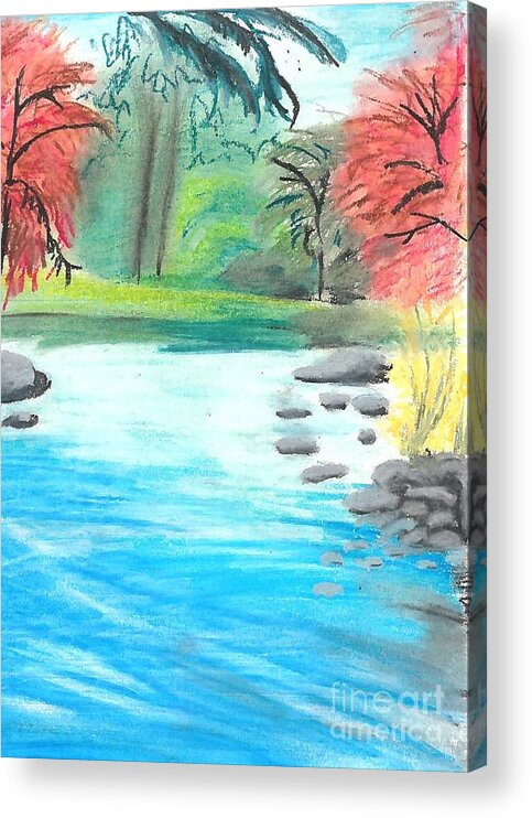 Oil Pastel River Drawing Acrylic Print featuring the drawing Gruene River Oil Pastel by Expressions By Stephanie