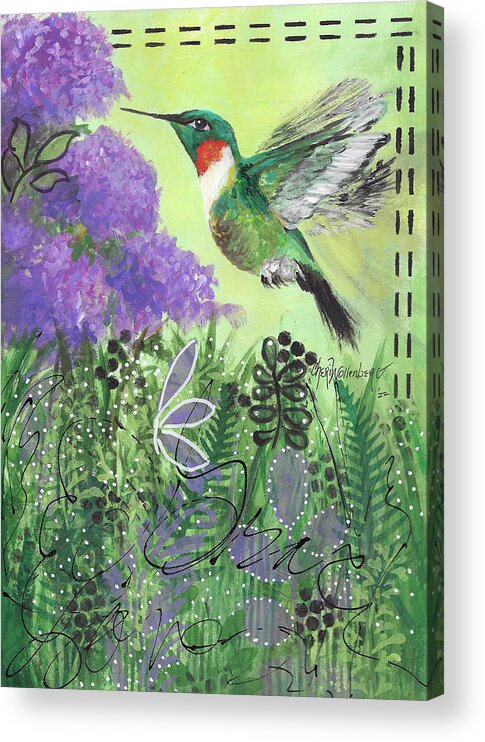 Mixed Media Art Acrylic Print featuring the painting Hummingbird Out My Window by Cheri Wollenberg