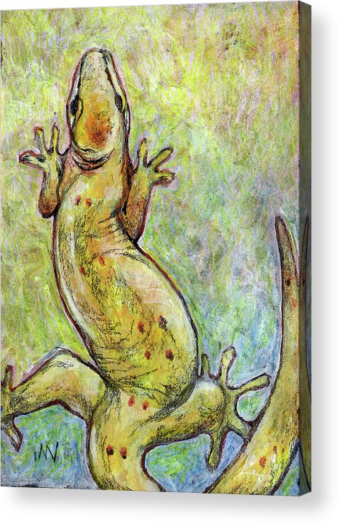Gecko Acrylic Print featuring the mixed media It's a Gecko by AnneMarie Welsh