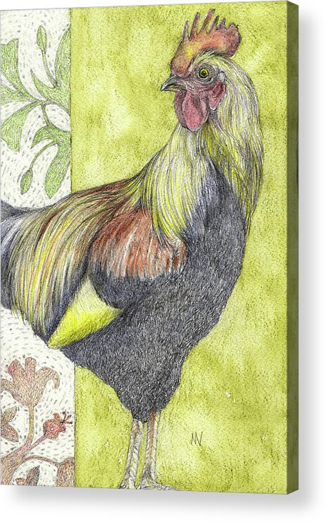 Rooster Acrylic Print featuring the mixed media Kauai Rooster by AnneMarie Welsh