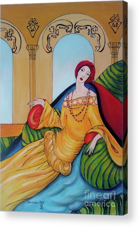 Lady Acrylic Print featuring the painting Lady in Pillows by Leonida Arte