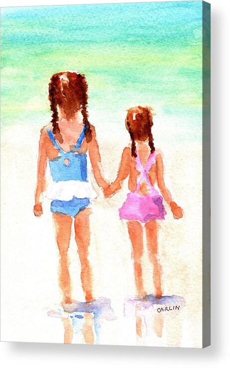 Little Sisters Acrylic Print featuring the painting Little Girls at the Beach by Carlin Blahnik CarlinArtWatercolor