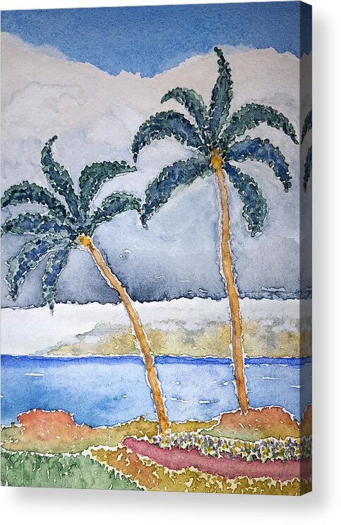 Watercolor Acrylic Print featuring the painting Maui Palms by John Klobucher