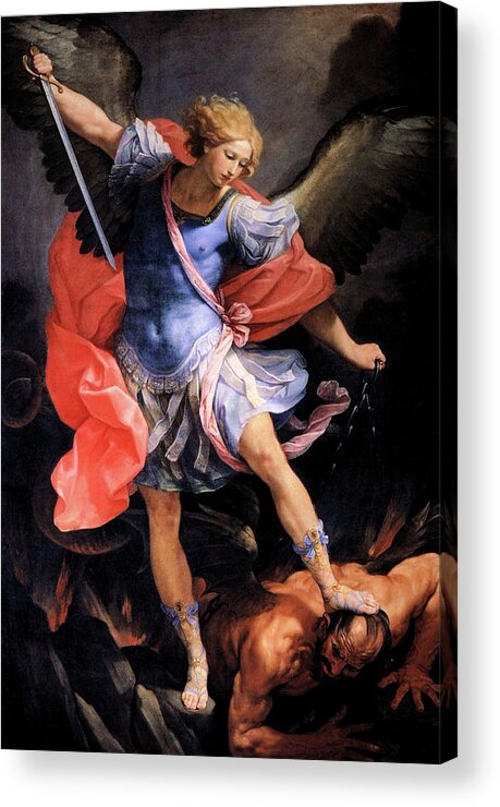 Michael Acrylic Print featuring the painting Michael Defeats Satan by Troy Caperton