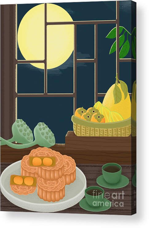 Moon Cakes Acrylic Print featuring the drawing Mid-Autumn Festival Moon Cake Illustration by Min Fen Zhu