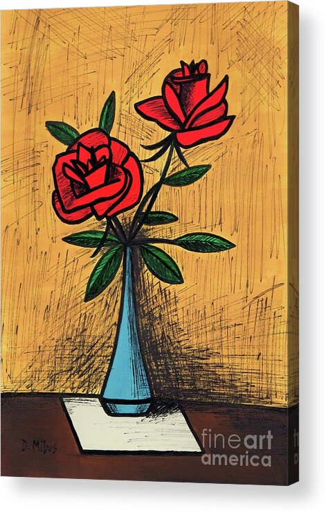 Mid Century Modern Still Life Acrylic Print featuring the painting Mid Century Blue Vase with Red Roses Still Life by Donna Mibus