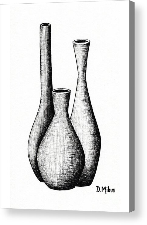 Mid Century Modern Acrylic Print featuring the drawing Mid Century Vases Ink Drawing by Donna Mibus